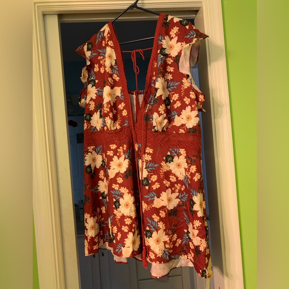 V Neck Red Floral Sundress